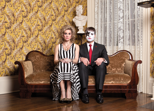 Natalie and Win Rockefeller Jr. cut up at Trapnall Hall. Natalie wears a dress and accessories from Barbara/Jean Ltd. Win’s suit is from Baumans.