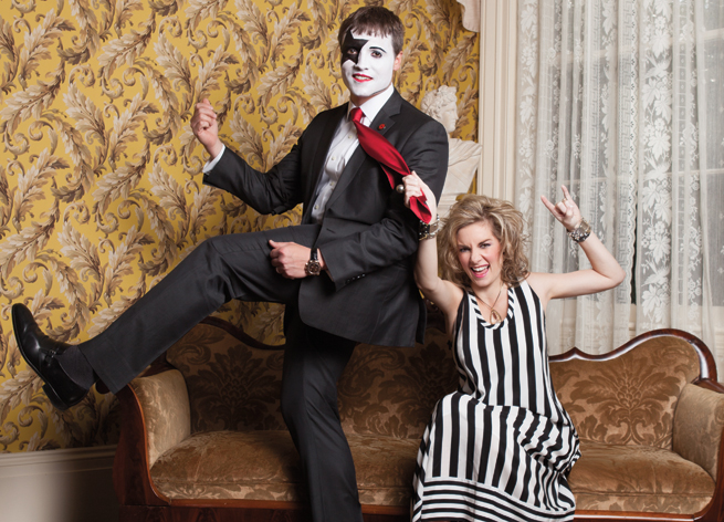 Natalie and Win Rockefeller Jr. cut up at Trapnall Hall. Natalie wears a dress and accessories from Barbara/Jean Ltd. Win’s suit is from Baumans.