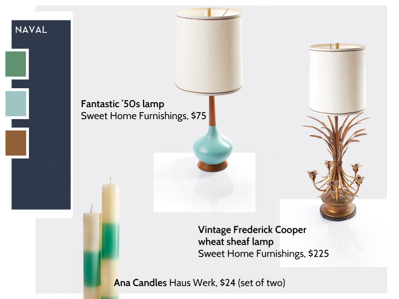 Naval For the current vintage and painted furniture trend, this rich color is a favorite. Complement with turquoise, green or antique brass accents, like these gorgeous lamps and long striped paraffin candles.
