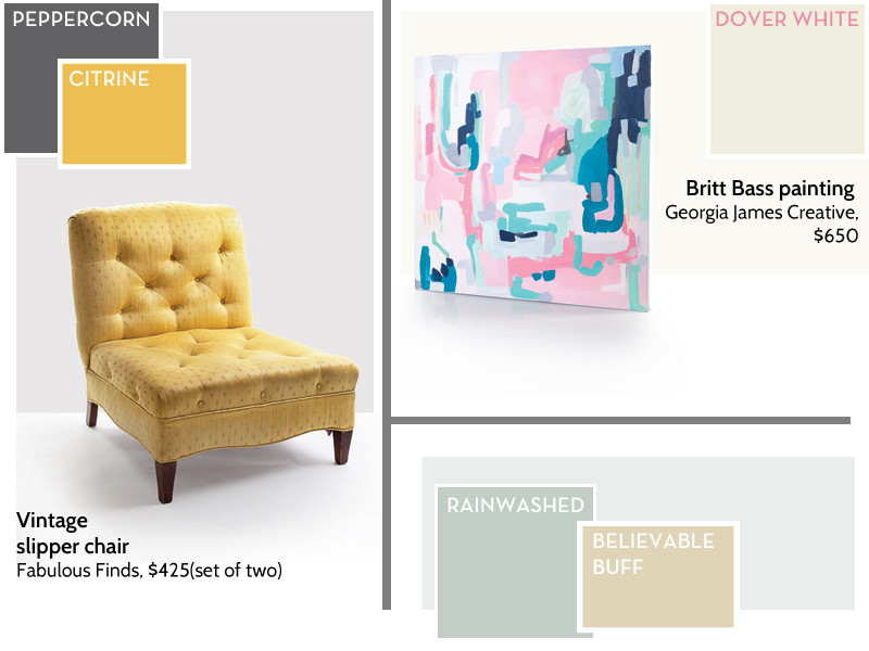 Peppercorn Binz recommends this dark charcoal for lower kitchen cabinets or accent walls. A deeply masculine color, it softens nicely with fuchsia or a yellow-citrine hue, like in this 1940s chair, below.Dover White Many designers and homeowners are currently choosing white on walls throughout homes. It’s a great choice for any style, but we love Binz’s suggestion to pair white with pops of color in works of art like this painting by Britt Bass.
Rainwashed Because it’s soothing and spa-like, Binz tells us this light blue-green shade is popular for bathrooms. It pairs well with dark hardwood floors and light marble. A lovely complementing color Binz suggests for an adjacent room — Believable Buff.