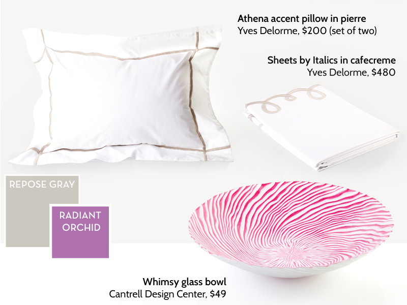 Repose Gray This cool gray is neutral, relaxing and perfect for bedroom walls. We think it pairs nicely with white linens and accent pieces in radiant orchid — the Pantone color of the year.